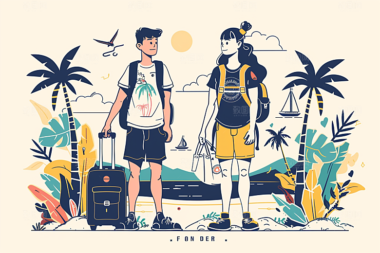 旅游人物自由行清新扁平风插画