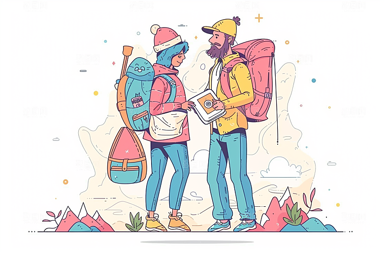 旅游人物徒步清新扁平风插画