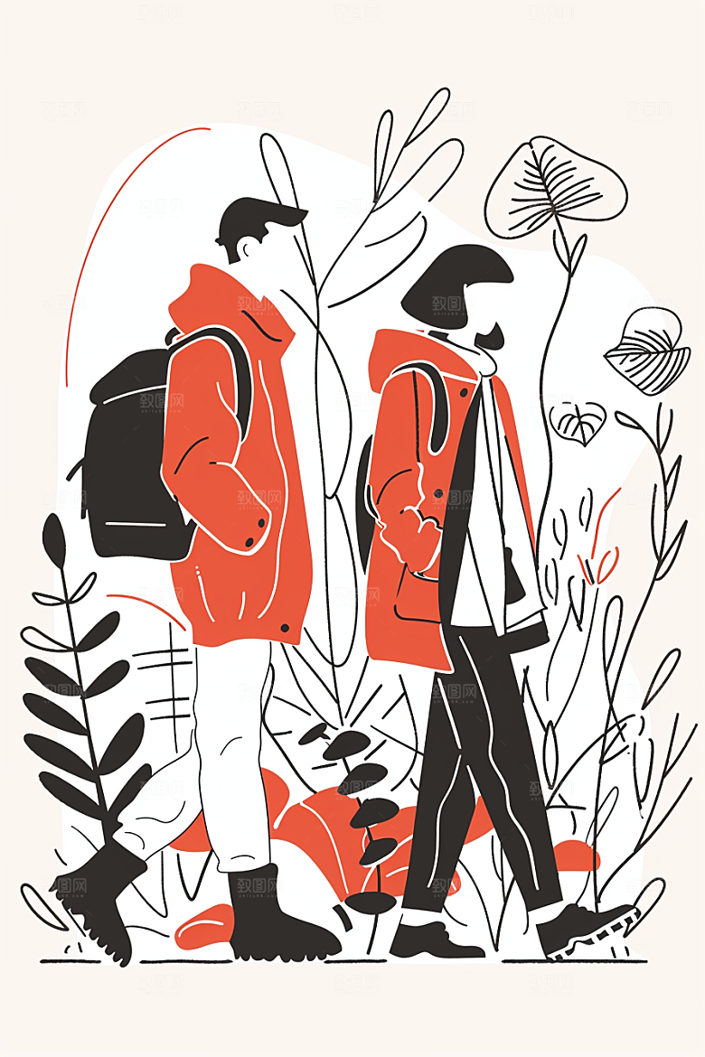 旅游人物小长假徒步扁平风插画
