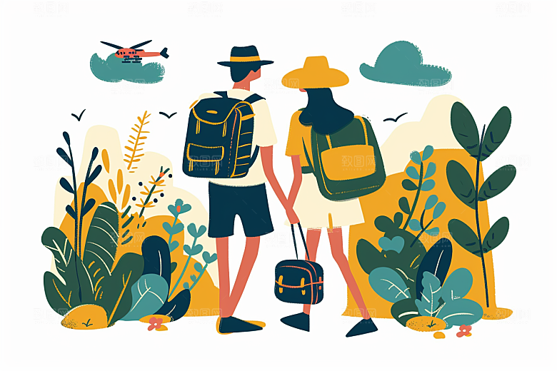 旅游人物旅行彩色扁平风插画