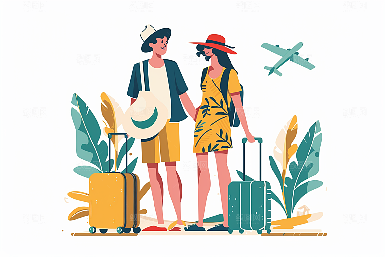 旅游人物彩色自由行扁平风插画
