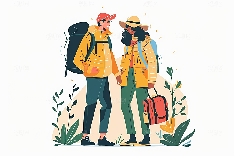 旅游人物简约清新扁平风插画
