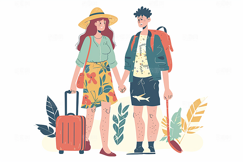 旅游人物游玩彩色扁平风插画