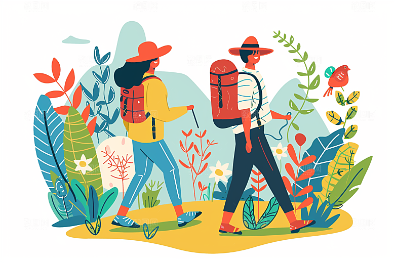 旅游人物度假户外扁平风插画