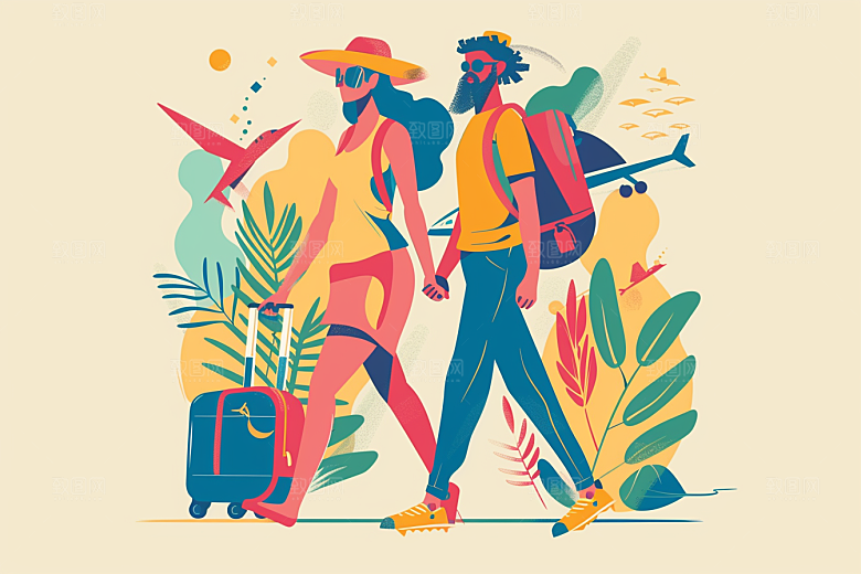 旅游人物清新小长假扁平风插画