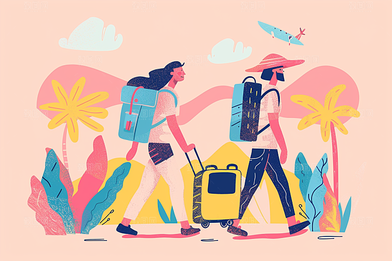 旅游人物清新徒步扁平风插画