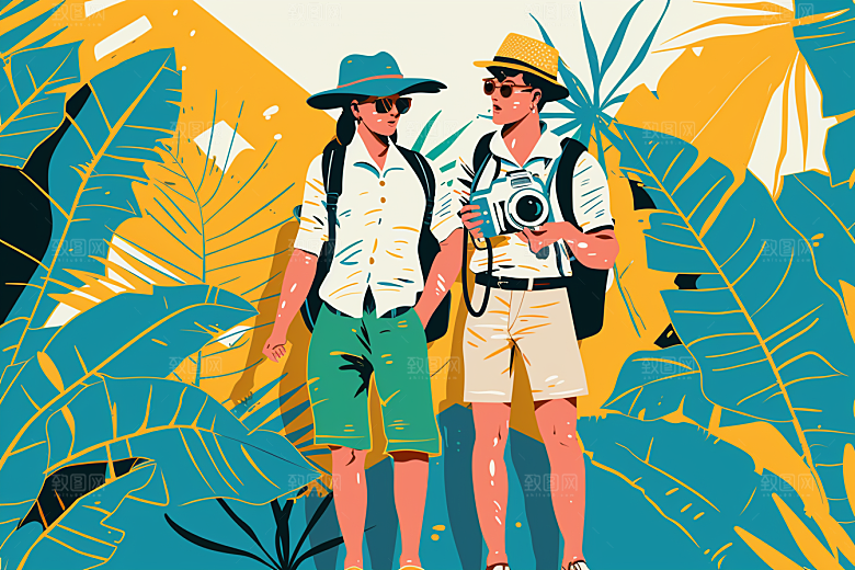 旅游人物度假清新扁平风插画