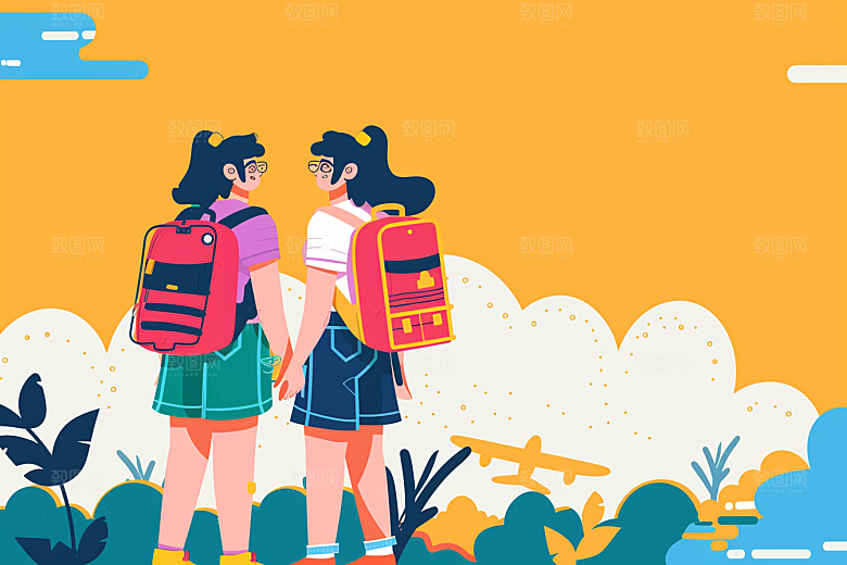 旅游人物清新徒步扁平风插画