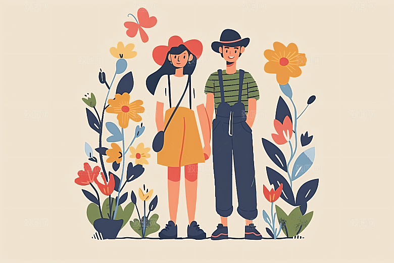 扁平风旅游踏青彩色插画