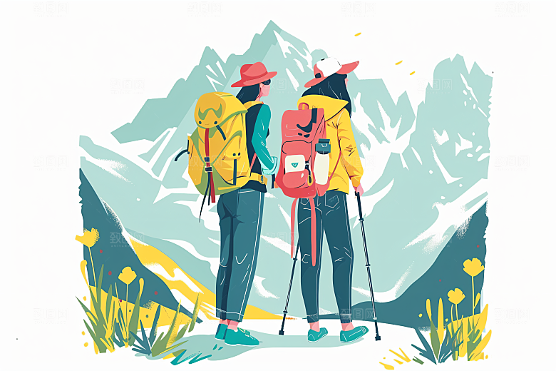 扁平风旅游踏青手绘插画
