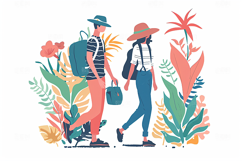 扁平风旅游徒步氛围感插画