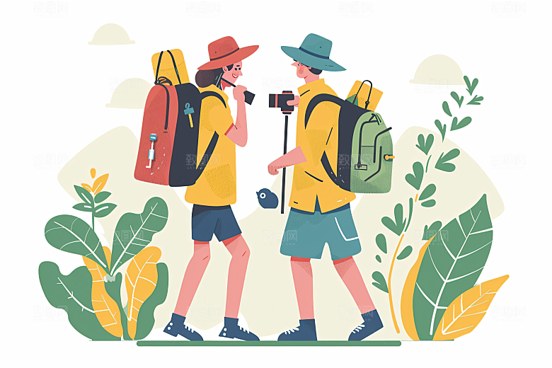 扁平风旅游氛围感徒步插画