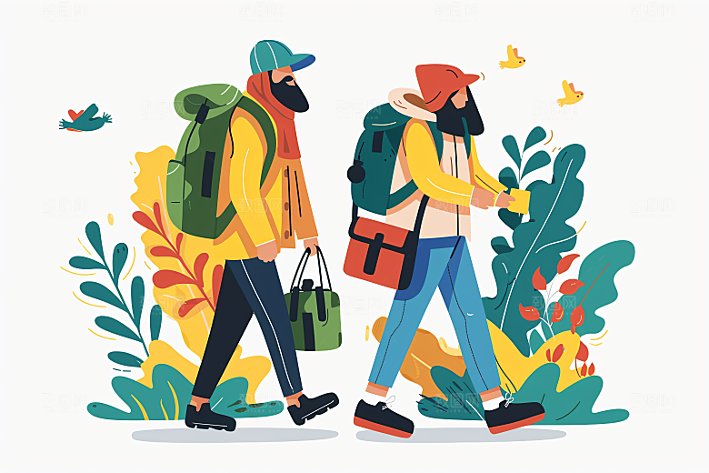 扁平风旅游露营自由行插画