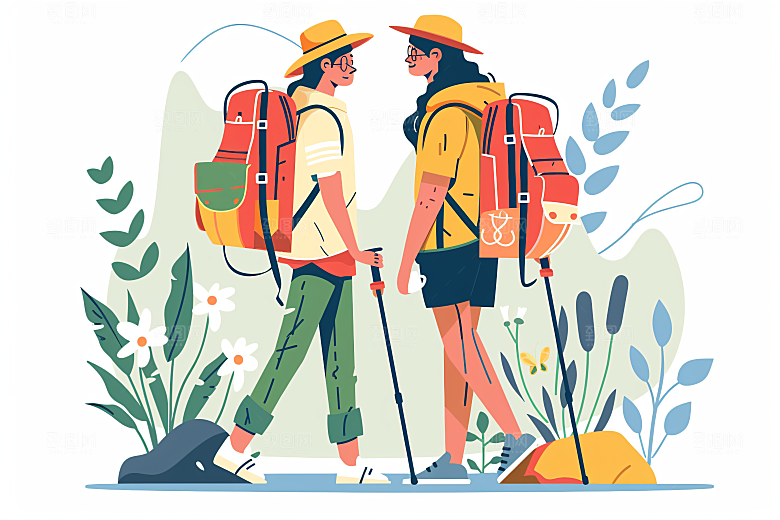 扁平风旅游清新踏青插画