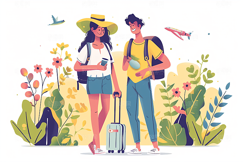 扁平风旅游户外踏青插画
