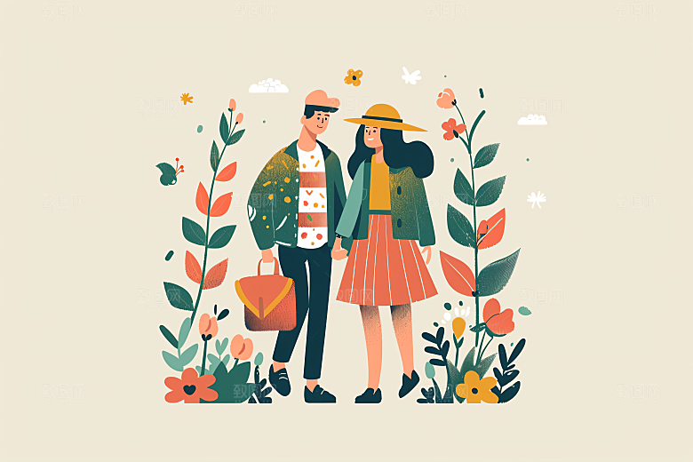 扁平风旅游踏青自然插画