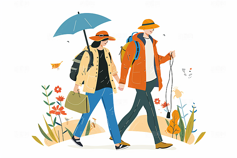扁平风旅游自由行清新插画