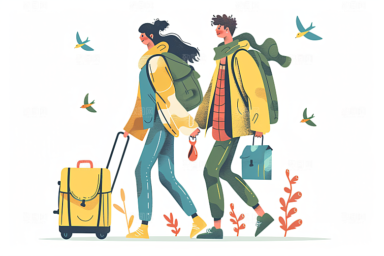 扁平风旅游踏青自由行插画
