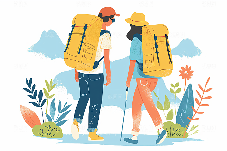 扁平风旅游山野手绘插画