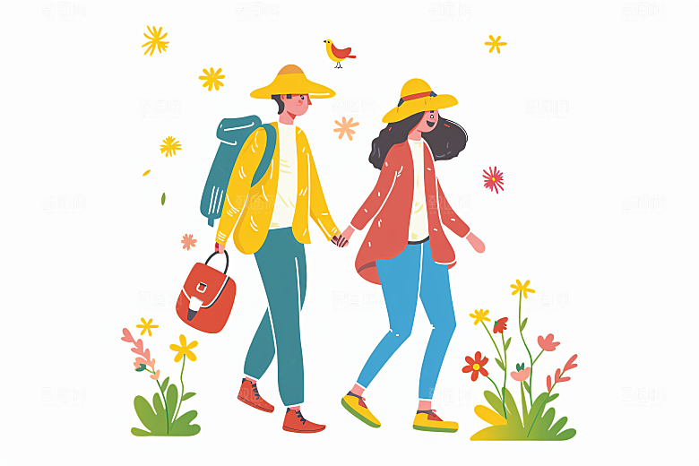 扁平风旅游踏青自然插画