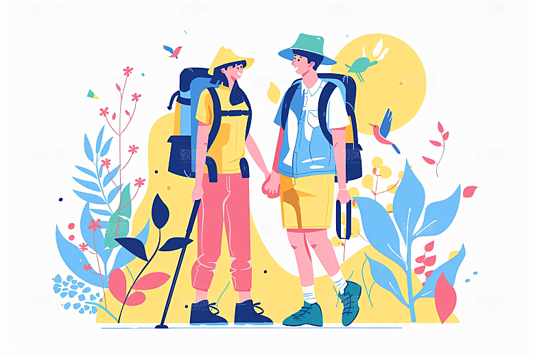 扁平风旅游手绘徒步插画