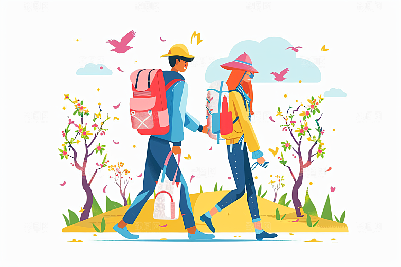 扁平风旅游徒步户外插画