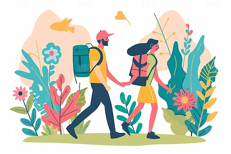 扁平风旅游彩色氛围感插画