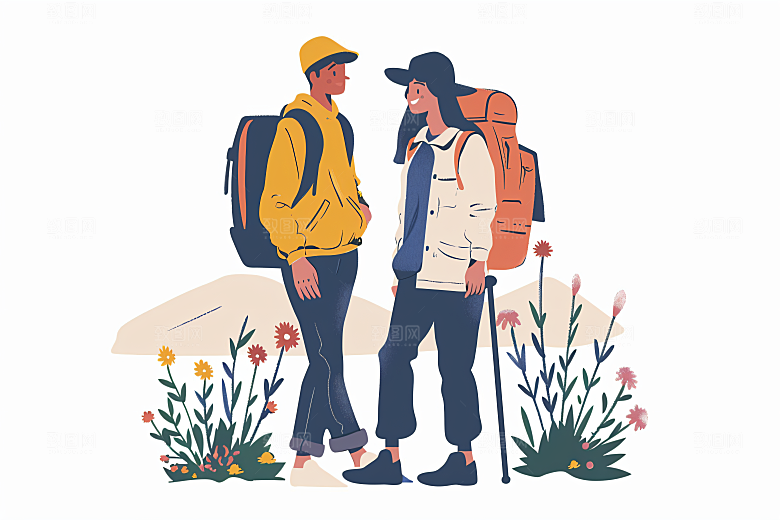扁平风旅游氛围感徒步插画
