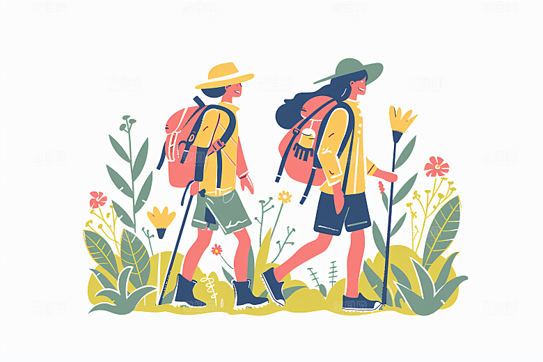 扁平风旅游徒步自然插画