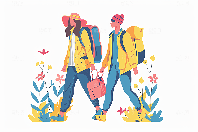 扁平风旅游山野旅行插画