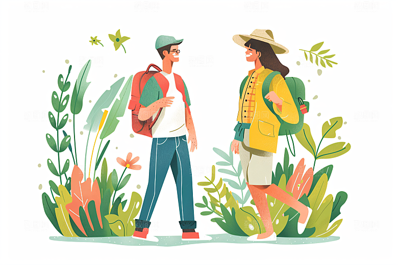 扁平风旅游徒步户外插画