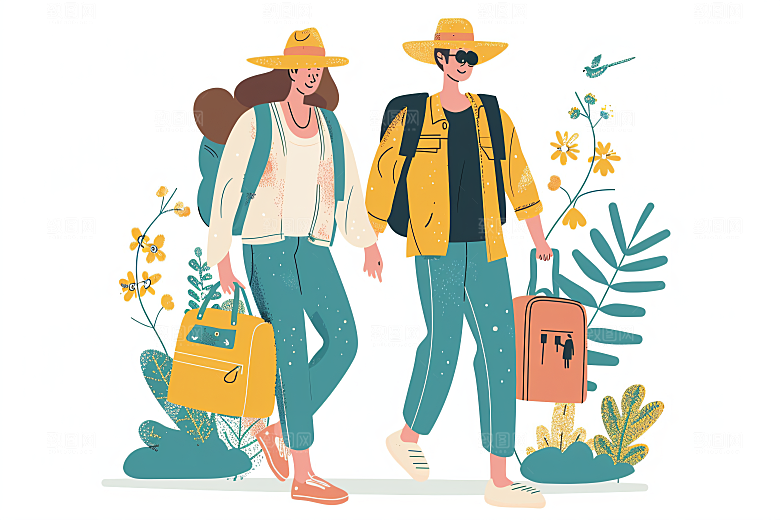 扁平风旅游氛围感旅行插画
