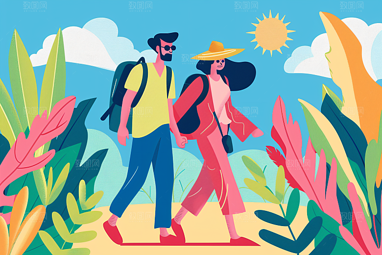 扁平风旅游徒步氛围感插画