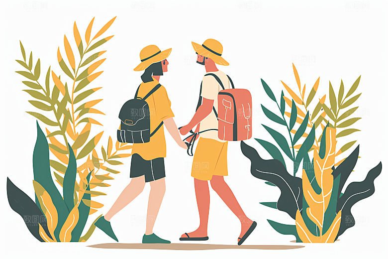 扁平风旅游徒步自由行插画