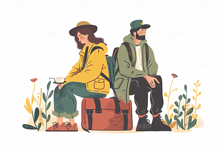 扁平风旅游露营氛围感插画