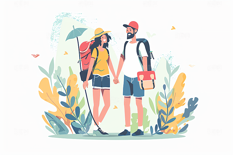 扁平风旅游彩色露营插画