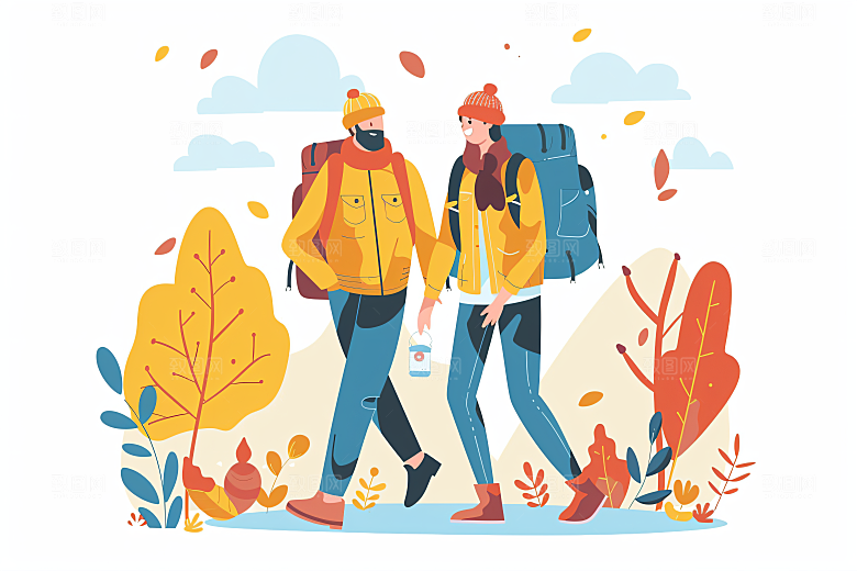 扁平风旅游自由行手绘插画