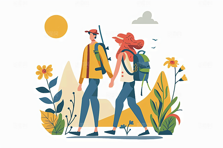 扁平风旅游山野旅行插画