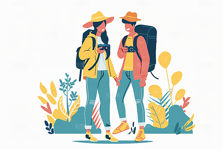 扁平风旅游清新旅行插画