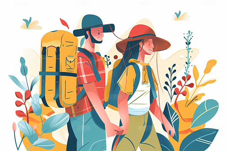 扁平风旅游踏青自由行插画