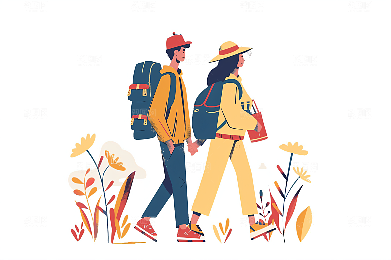 扁平风旅游手绘自由行插画