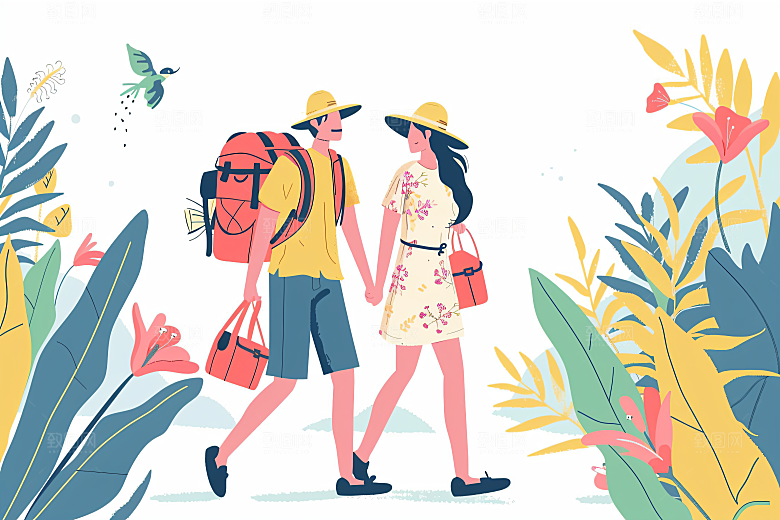 扁平风旅游彩色踏青插画