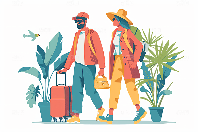 扁平风旅游户外手绘插画