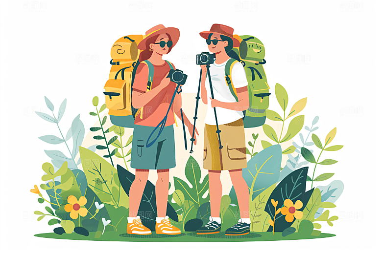 扁平风旅游清新徒步插画