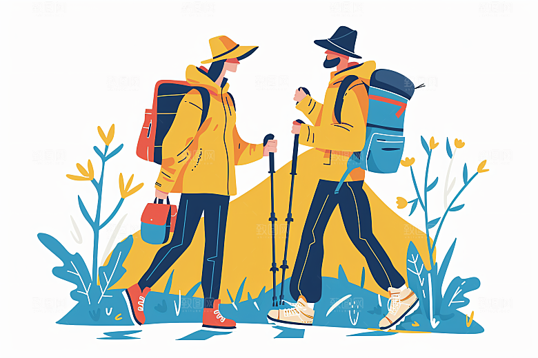 扁平风旅游山野徒步插画
