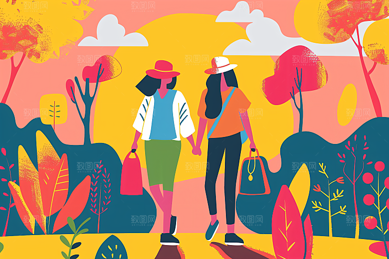 扁平风旅游踏青露营插画