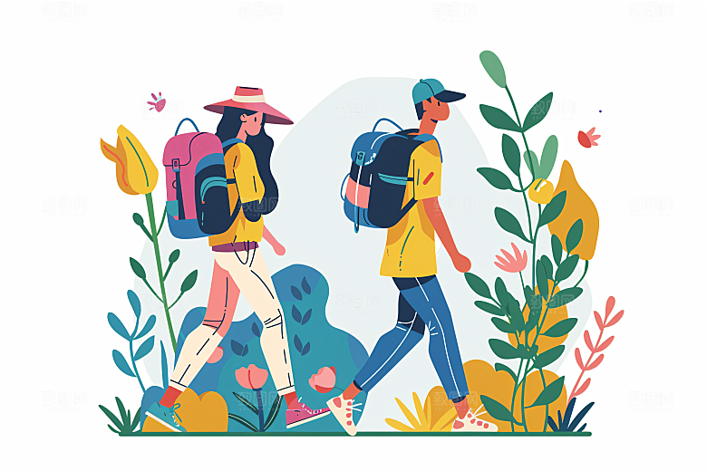 扁平风旅游徒步踏青插画