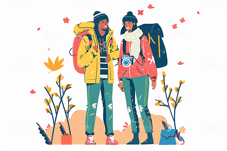 扁平风旅游山野旅行插画