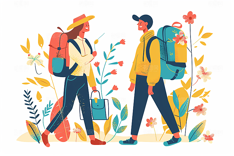 扁平风旅游露营户外插画