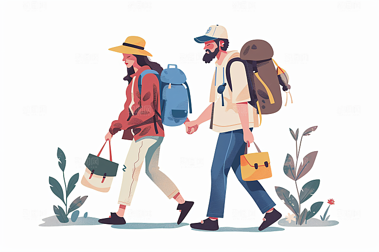 扁平风旅游徒步简约插画